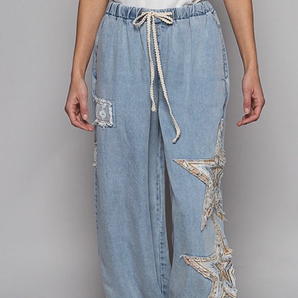 POL Denim Embroidered Stars Boho Patchwork Joggers Pants Women’s Blue Relaxed - Picture 14 of 16